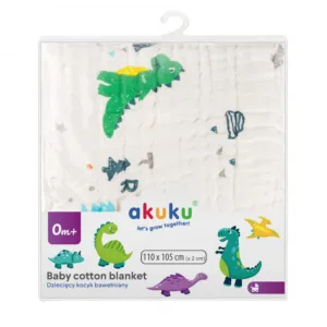 Patura multifunctionala din muselina pentru bebelusi Akuku Dino 110x105 cm