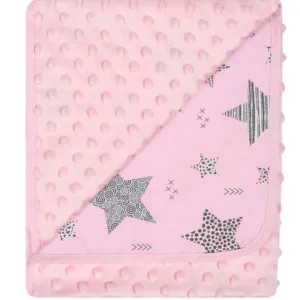 Paturica cu doua fete Minky si bumbac 80x90 cm Pink Stars