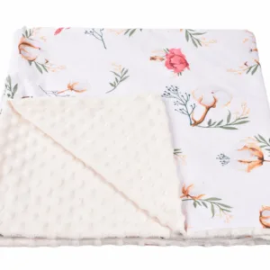 Paturica din bumbac model flori de bumbac si plus minky crem 80x80 cm