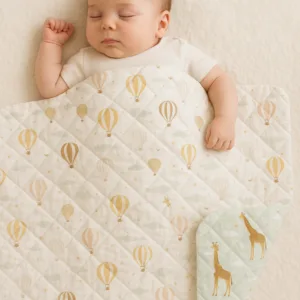 Paturica handmade matlasata din bumbac premium cu fata dubla Giraffe Head in Clouds 135x100 cm