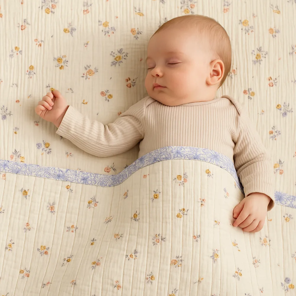 Paturica handmade matlasata din muselina premium cu fata dubla Zomea Ecru Blue 135x100 cm