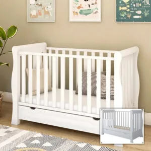 Patut 2 in 1 Megan alb din lemn cu somiera reglabila