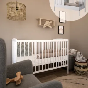 Patut 2 in 1 Pure alb din lemn cu somiera reglabila