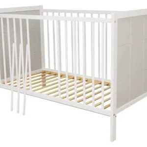 Patut din lemn 120 x 60 cm multifunctional cu laterala detasabila si somiera reglabila pe 3 nivele de inaltime Nichiduta Cezar Alb