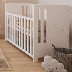 Patut din lemn Pasarele alb cu laterala culisanta si protectie silicon pentru dentitie 120 x 60 cm
