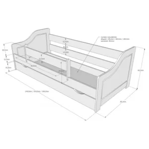 Patut din lemn si MDF Nichiduta Lili Alb 140x80 cm + bariera de siguranta 90 cm