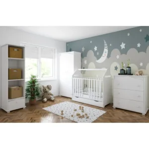 Patut din lemn tip Casuta 120x60 cm cu sertar si bariera de protectie incluse Nichiduta House Alb
