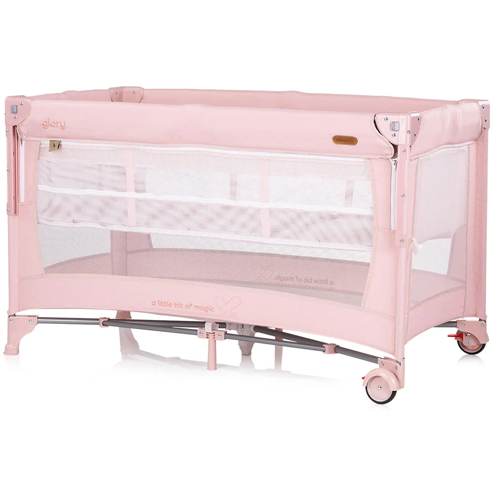 Patut pliabil pentru copii Chipolino Glory Pink Marshmallow cu laterala culisanta si doua nivele