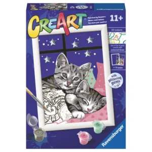 Pictura pe numere pentru copii Ravensburger CreArt pisicute somnoroase cu pietre sclipitoare