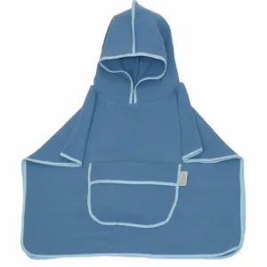 Prosop 60x65 cm din bumbac muselina cu gluga si buzunar pentru bebelusi si copii Amy Poncho blue