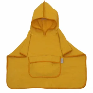 Prosop 60x65 cm din bumbac muselina cu gluga si buzunar pentru bebelusi si copii Amy Poncho galben