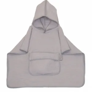 Prosop 60x65 cm din bumbac muselina cu gluga si buzunar pentru bebelusi si copii Amy Poncho gri