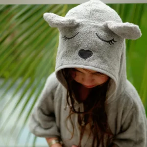Prosop BabySteps 73x58 cm din bambus cu gluga si buzunar pentru bebelusi si copii Poncho Teddy Grey
