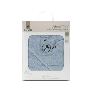 Prosop de baie cu gluga si broderie 90 x 90 cm din bumbac 0 luni+ Soft Blue