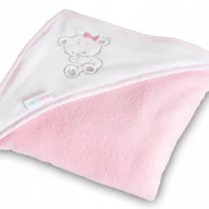 Prosop de baie pentru copii BabyMam prevazut cu capison decorat cu broderie vesela