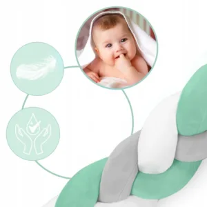 Protectie laterala impletita pentru patut copii Ricokids Trio MintGriAlb 2 metri din material plus cu umplutura antialergica