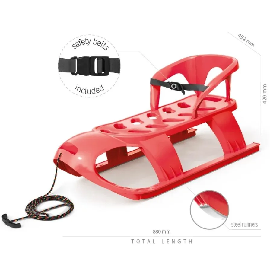 Sanie pentru copii Bezzy Rosie cu sina alunecare din otel si spatar 87x45x26 cm