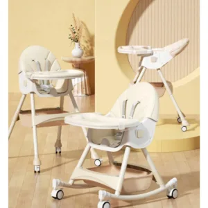 Scaun de masa pliabil pentru bebelusi Little Mom 3 in 1 Funny Cream cu roti si functie de balansoar
