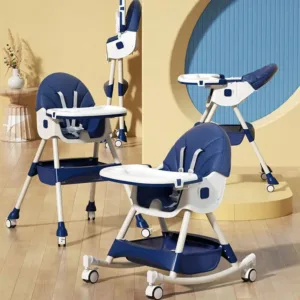 Scaun de masa pliabil pentru bebelusi Little Mom 3 in 1 Funny Dark Blue cu roti si functie de balansoar