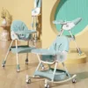 Scaun de masa pliabil pentru bebelusi Little Mom 3 in 1 Funny Light Green cu roti si functie de balansoar