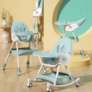 Scaun de masa pliabil pentru bebelusi Little Mom 3 in 1 Funny Light Green cu roti si functie de balansoar