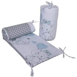 Set 2 aparatori laterale din bumbac pentru patut 120x60 cm Beberoyal Love Elephants Blue