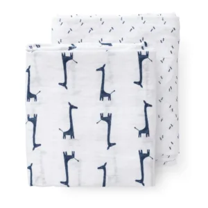 Set 2 paturici muselina de infasat din bumbac organic Giraf indigo blue 120x120 cm