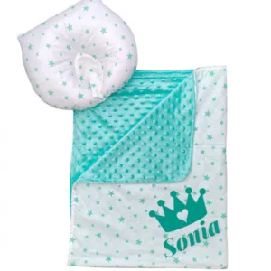 Set 2 piese personalizat paturica 90x70 mincky si perna pentru formarea capului