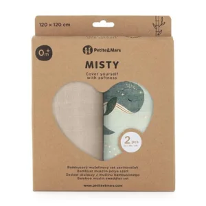 Set 2 scutece PetiteMars Whale Song Misty din muselina de bambus