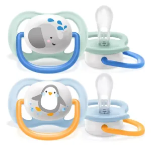 Set 2 suzete Avent din silicon 0-6 luni Ultra Air Boy Elefant si Pinguin