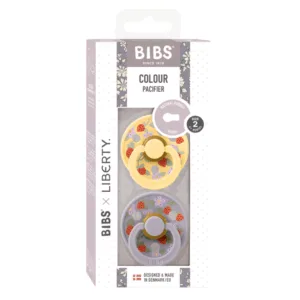 Set 2 suzete Bibs x Liberty Colour Strawberries and Cream Latex tetina rotunda 6 luni+ Pale ButterFossil Grey