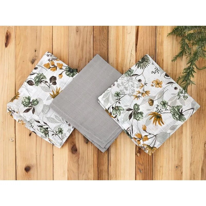 Set 3 museline MimiNu Botanica Grey multifunctionale din bumbac 30x30 cm