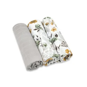 Set 3 museline MimiNu Botanica Grey multifunctionale din bumbac 75x75 cm
