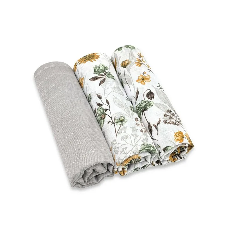 Set 3 museline MimiNu Botanica Grey multifunctionale din bumbac 75x75 cm