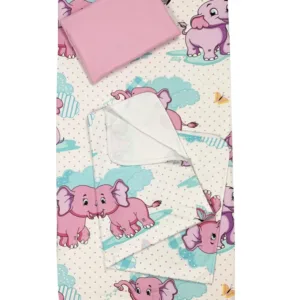 Set 3 piese paturica cu cearsaf si pernuta 120x60 cm Elefantei roz albastru
