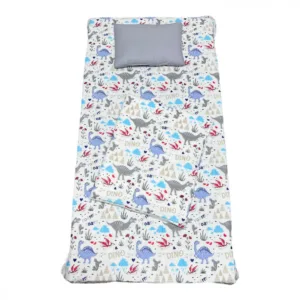 Set 3 piese paturica cu cearsaf si pernuta 140x70 cm Dinozauri gri