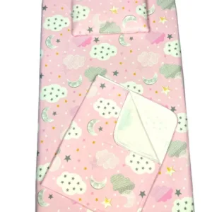 Set 3 piese paturica cu cearsaf si pernuta 140x70 cm Nori cu luna roz