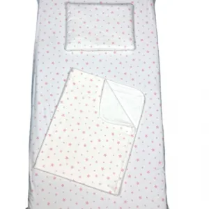Set 3 piese paturica cu cearsaf si pernuta 140x70 cm Stelute roz pe alb