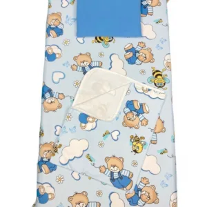 Set 3 piese paturica cu cearsaf si pernuta 140x70 cm Ursi cu albine blue