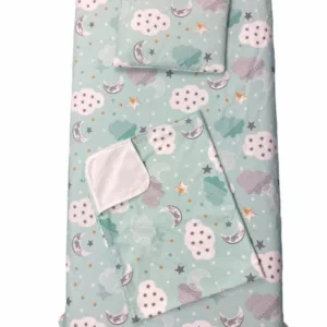 Set 3 piese paturica cu cearsaf si pernuta 160x80 cm Nori cu luna vernil