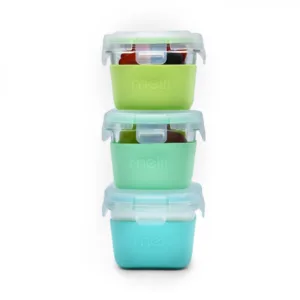 Set 3 recipiente sticla cu husa din silicon Melii bluemint lime 160 ml