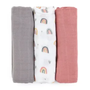 Set 3 scutece PetiteMars din muselina de bambus Moussy Rose Rainbow hipoalergenice 68 x 68 cm Multicolor