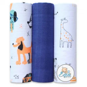 Set 3 scutece din muselina 70x80 cm model Albastru