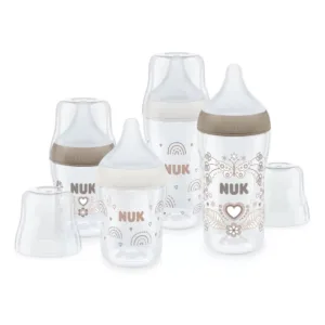 Set 4 biberoane cu tetina din silicon si control de temperatura 2 x 150 ml 0 luni + si 2 x 260 ml 3 luni + Nuk PM Heart Rainbow