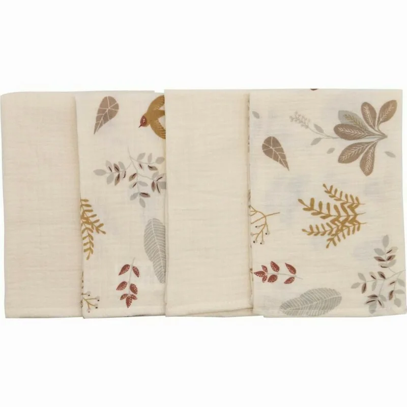 Set 4 lavete din muselina Bubaba Beige Leafs 40x40 cm