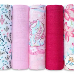 Set 5 scutece din muselina 70x80 cm model Roz Unicorn
