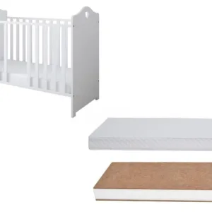 Set Patut din lemn Nichiduta cu somiera reglabila si margine din silicon pentru protectie dintisori Bella White + Saltea cu husa detasabila din microfibra 12 cm grosime Nichiduta Cocos Comfort