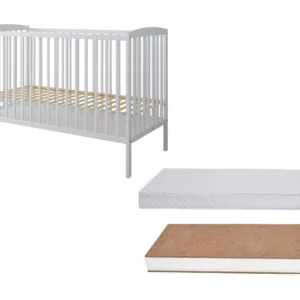 Set Patut din lemn pana la 4 ani cu somiera reglabila pe 3 nivele de inaltime Nichiduta 120x60 cm Grace Alb + Saltea cu husa detasabila din microfibra 12 cm grosime Nichiduta Cocos Comfort