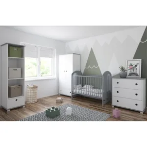 Set Patut din lemn pentru copii pana la 4 ani 124x66 cm cu sistem 3 bare detasabile Tymon Grey + Saltea cu husa detasabila din microfibra 12 cm grosime Nichiduta Cocos Comfort +