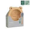 Set bamboo lingurita si bol cu baza cilicon Miniland Frog